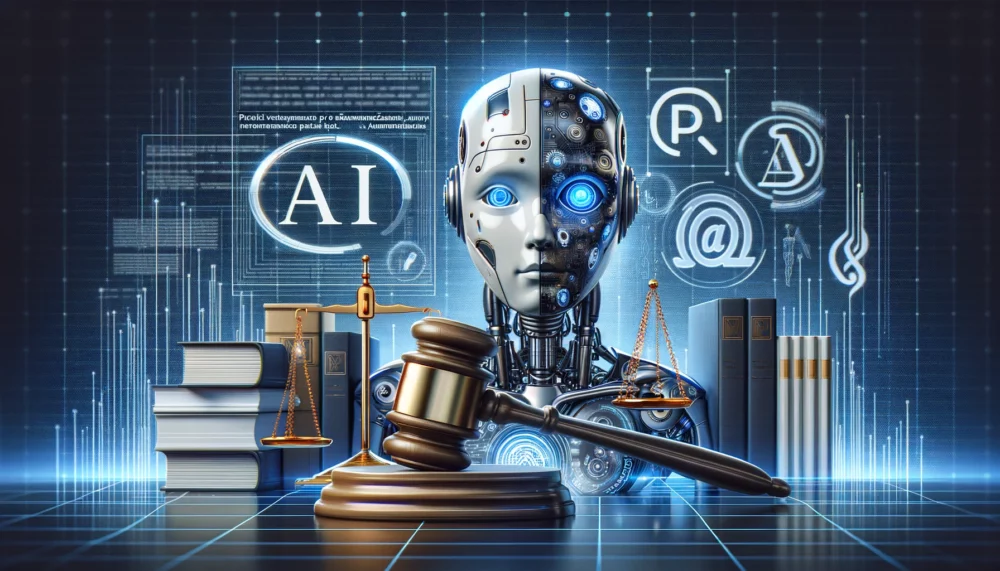 DALL·E 2024-05-27 15.38.21 &#8211; A photorealistic blog header image titled &#8218;AI v právu_ Výzvy pro zaměstnance, autory a data&#8216; depicting a combination of elements representing artifici
