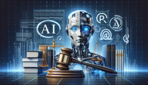 DALL·E 2024-05-27 15.38.21 &#8211; A photorealistic blog header image titled &#8218;AI v právu_ Výzvy pro zaměstnance, autory a data&#8216; depicting a combination of elements representing artifici