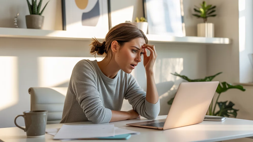 Zmatený člověk za pracovním stolem - zmatek jako jeden z hlavních znaků toxického pracovního prostředí.