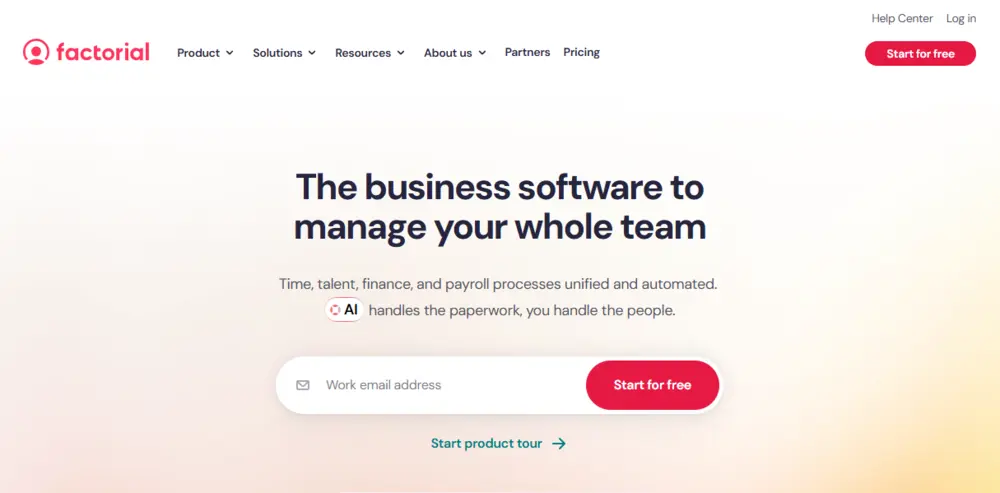 Domovská stránky webu HR nástroje Factorial