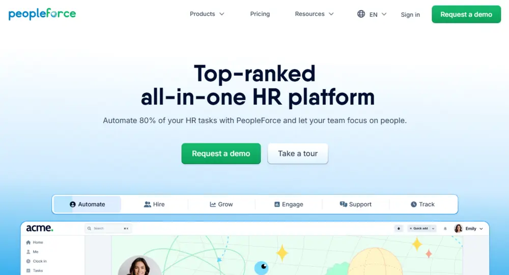 Domovská stránky webu HR nástroje Peopleforce