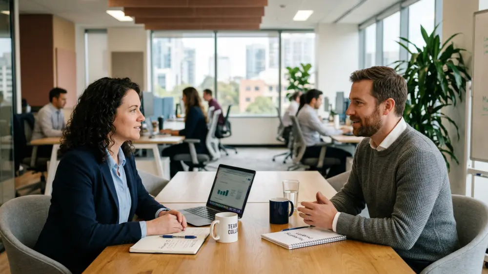 Obrázek dvou osob na one-to-one meetingu v kanceláři.