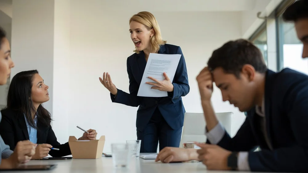 Fotografie nadřízeného, který křičí na svůj tým jakožto ilustrace bossingu